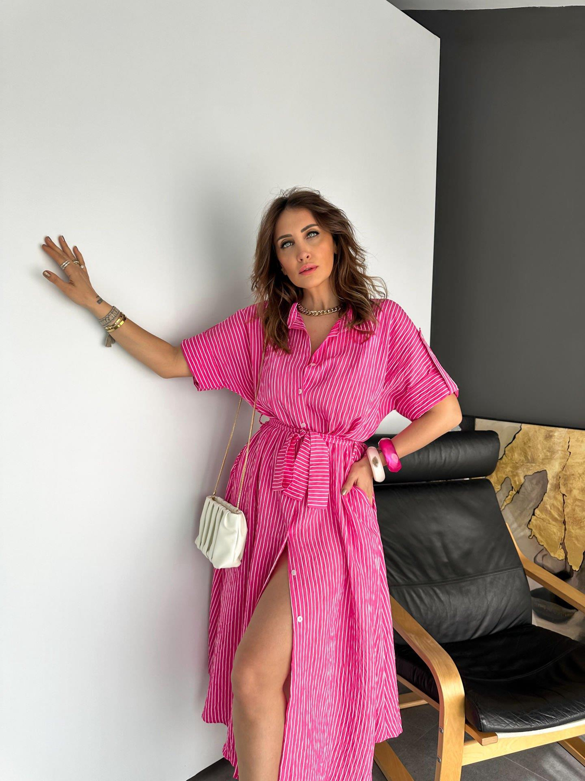 Pembe Çizgili Kuşaklı Gömlek Elbise
