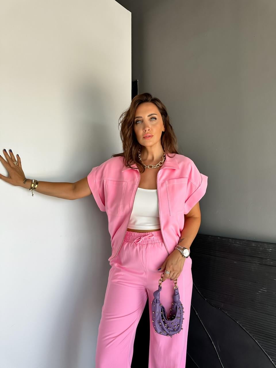 Pembe Dikişli Premium Casual Takım