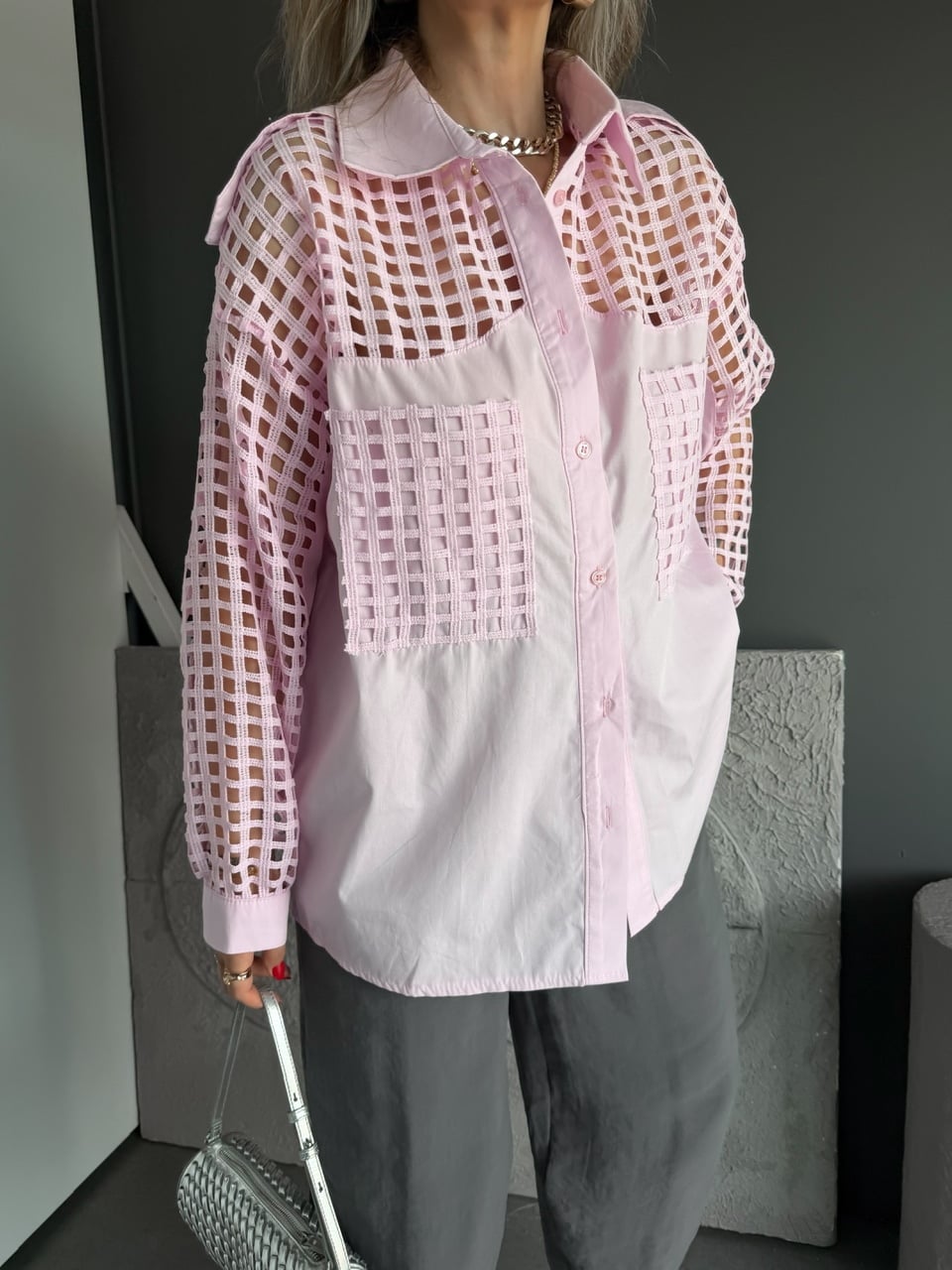 Pembe File Tasarımlı Salaş Gömlek