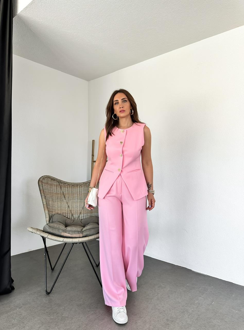 Pembe Gold Düğmeli Yelekli Takım