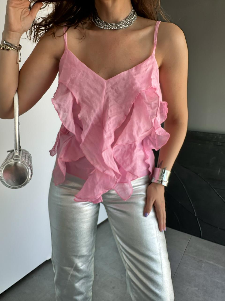 Pembe İp Askılı Volanlı Soft Bluz
