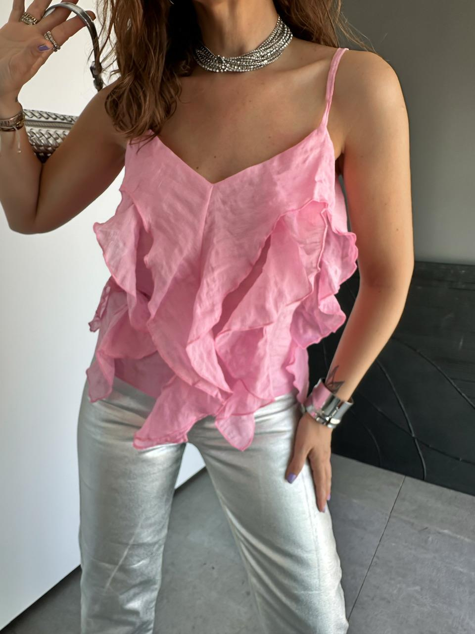 Pembe İp Askılı Volanlı Soft Bluz
