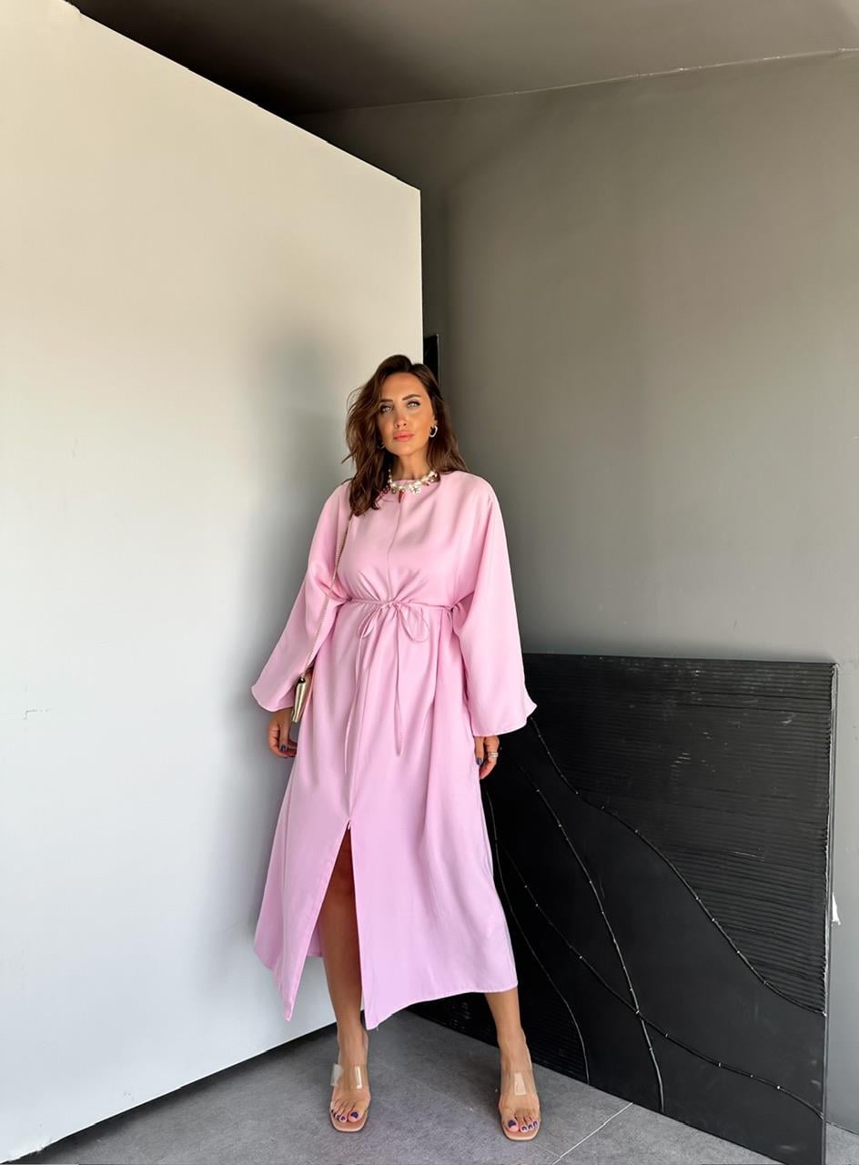 Pembe İpli Yırtmaçlı Fermuarlı Elbise