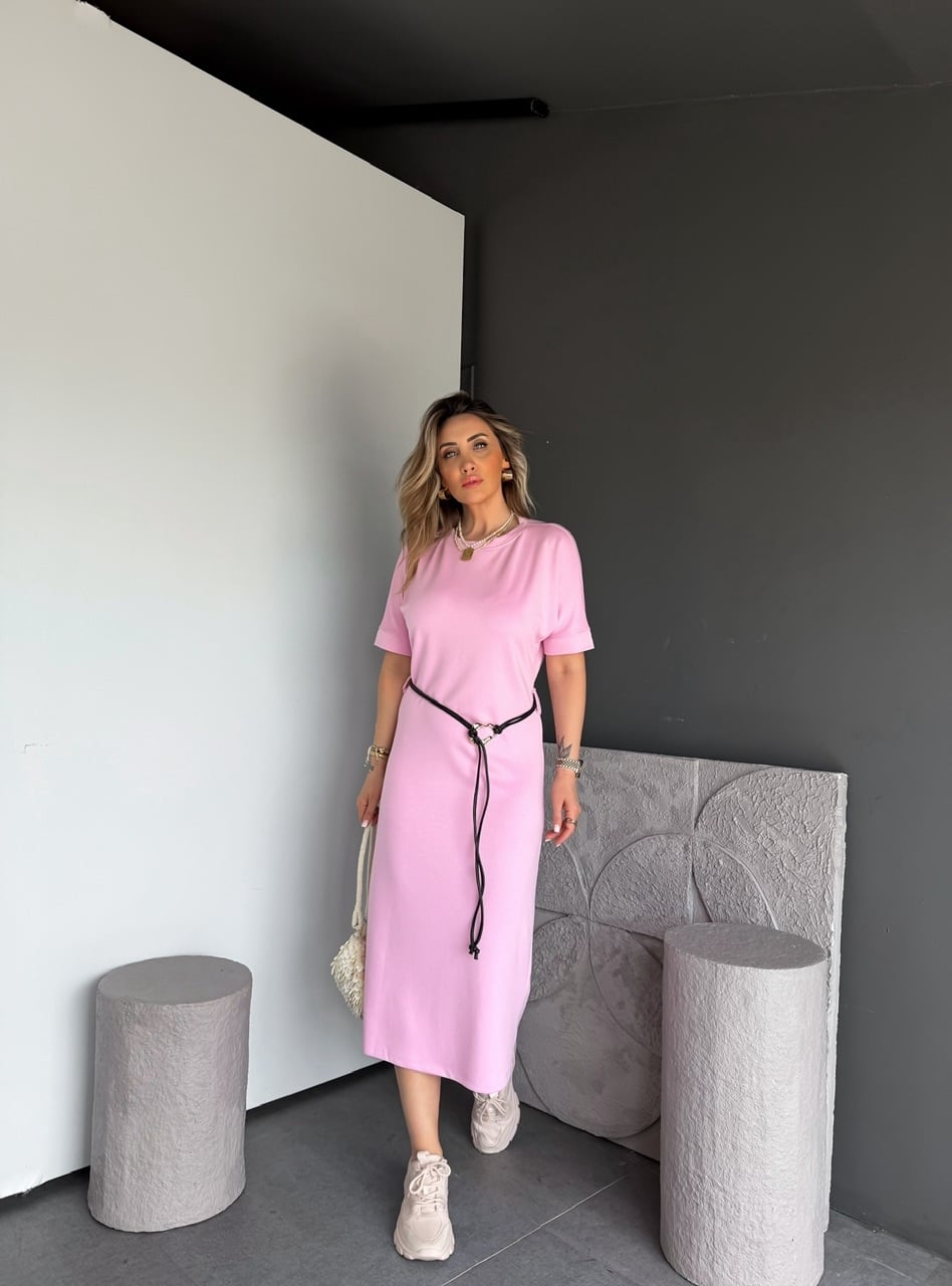 Pembe Kemer Aksesuarlı Modal Elbise