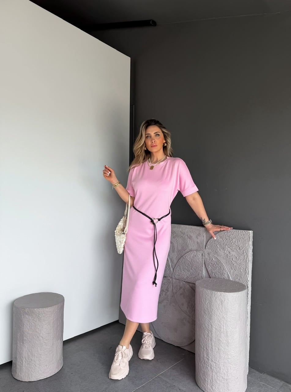 Pembe Kemer Aksesuarlı Modal Elbise