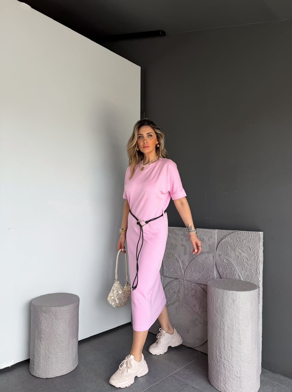 Pembe Kemer Aksesuarlı Modal Elbise