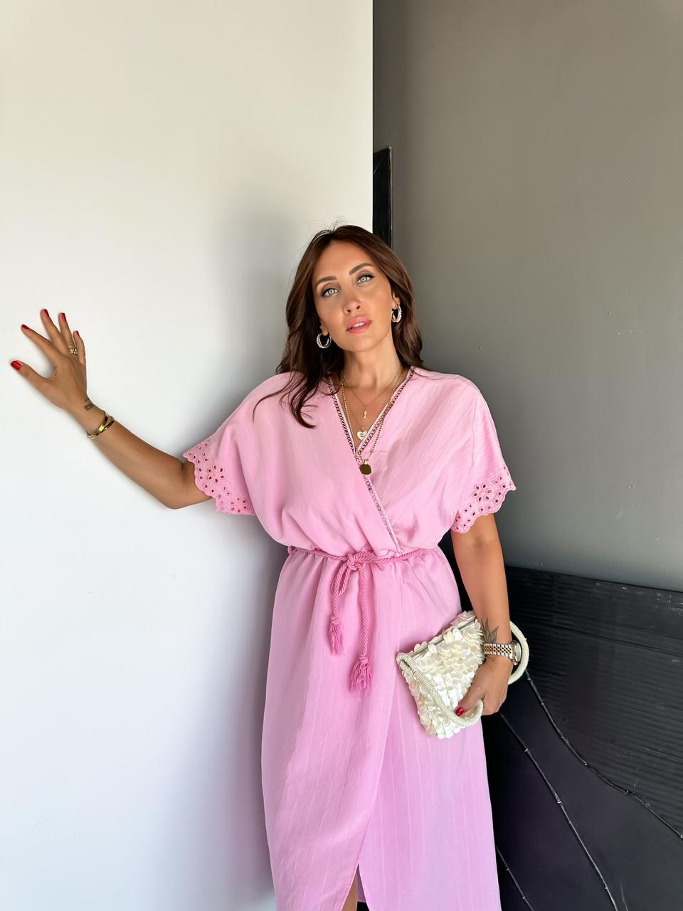 Pembe Kolları Fistolu Kruvaze Elbise