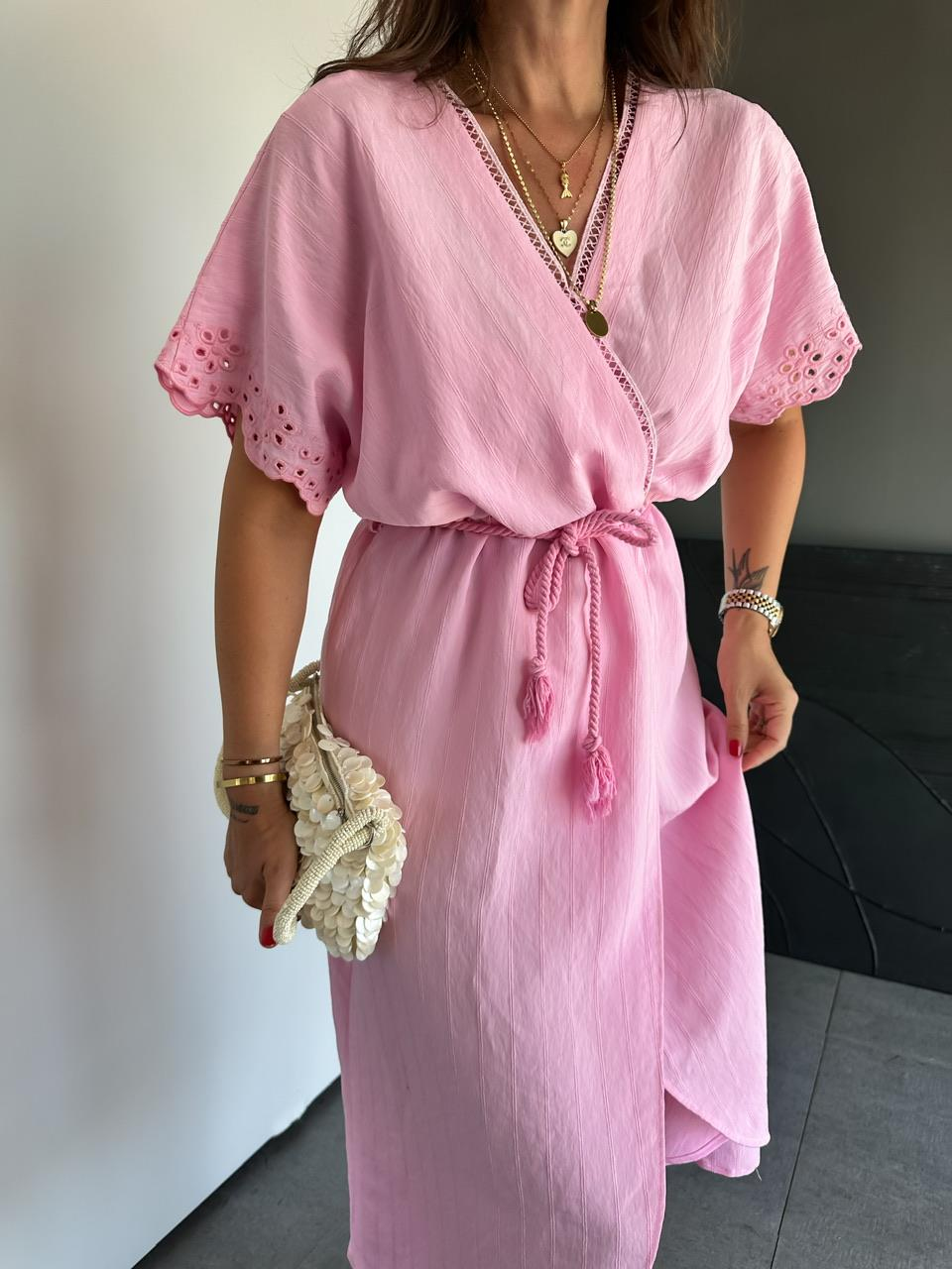 Pembe Kolları Fistolu Kruvaze Elbise
