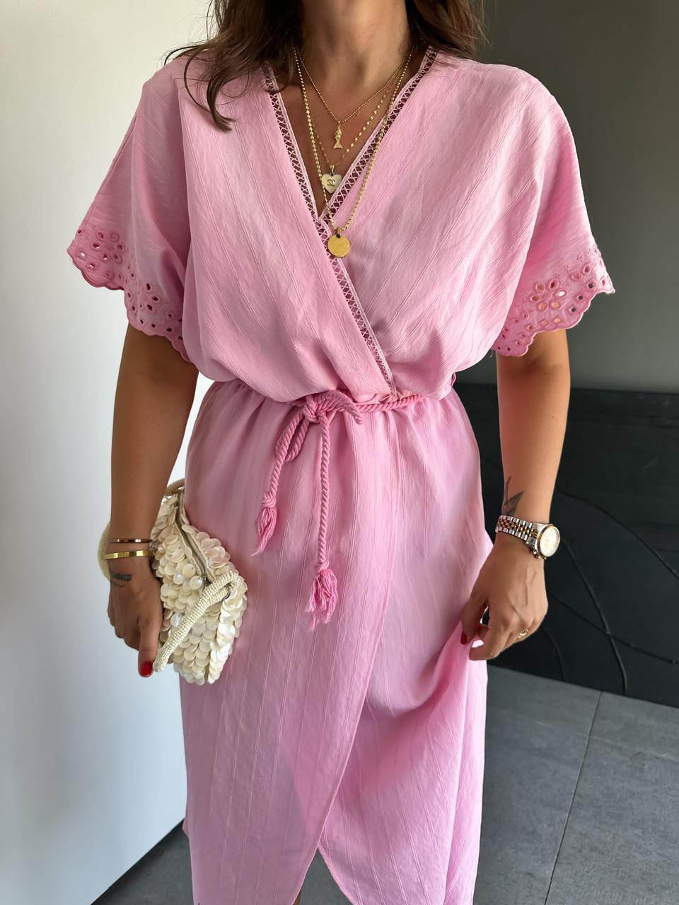 Pembe Kolları Fistolu Kruvaze Elbise