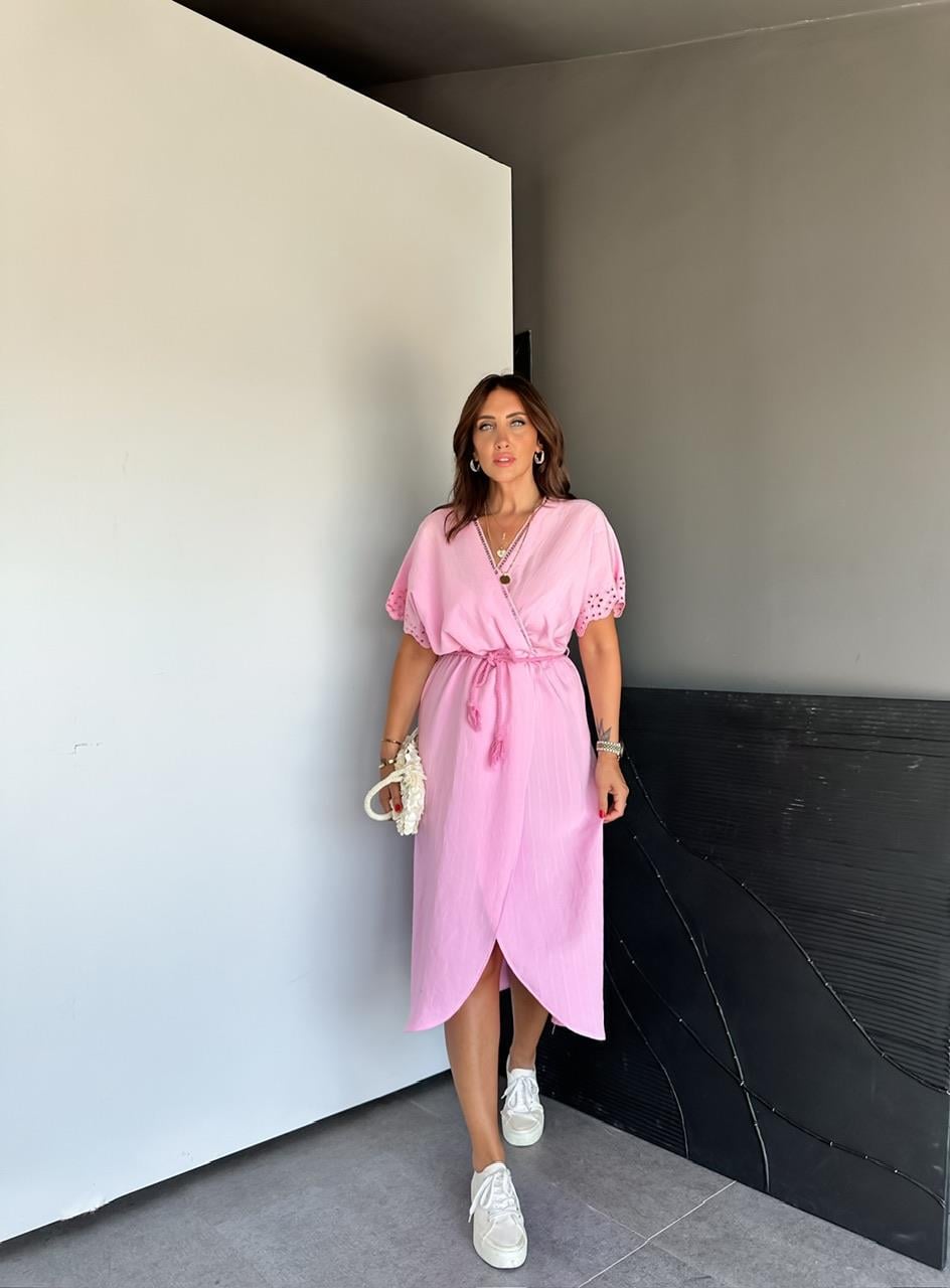 Pembe Kolları Fistolu Kruvaze Elbise