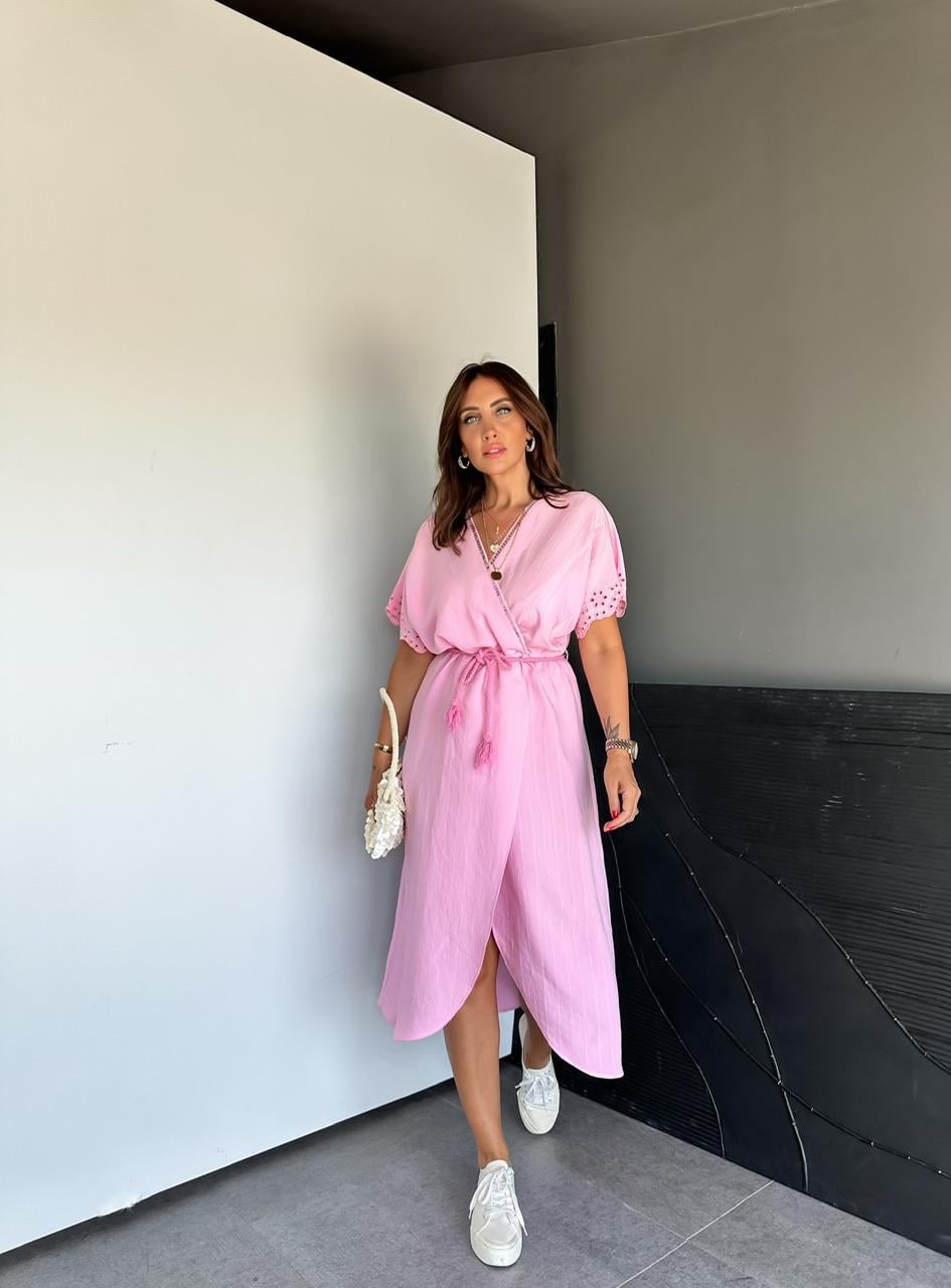 Pembe Kolları Fistolu Kruvaze Elbise