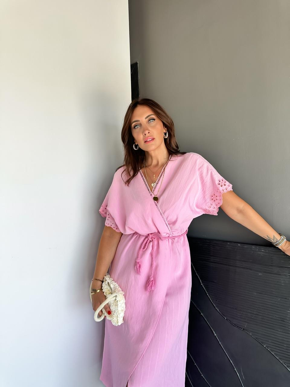 Pembe Kolları Fistolu Kruvaze Elbise