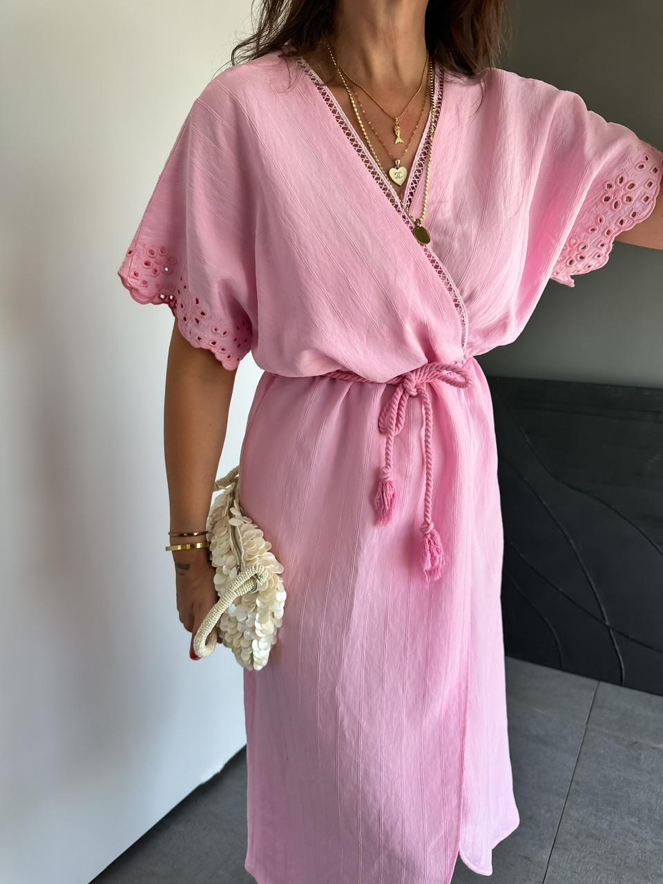 Pembe Kolları Fistolu Kruvaze Elbise