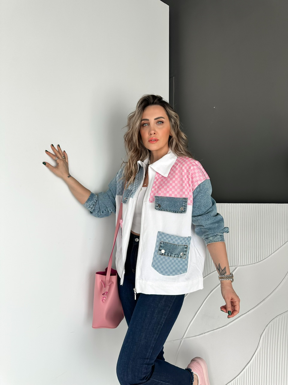 Pembe Kot Parçalı Damalı Tasarım Ceket