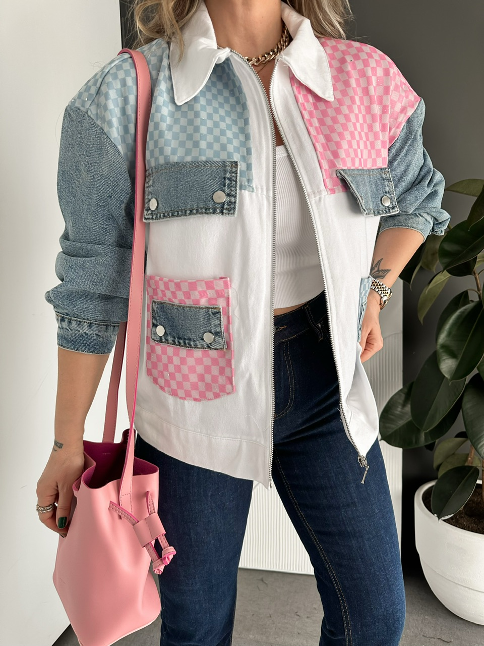 Pembe Kot Parçalı Damalı Tasarım Ceket