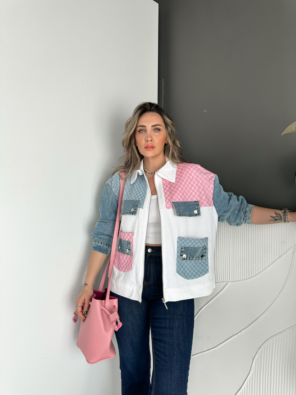 Pembe Kot Parçalı Damalı Tasarım Ceket