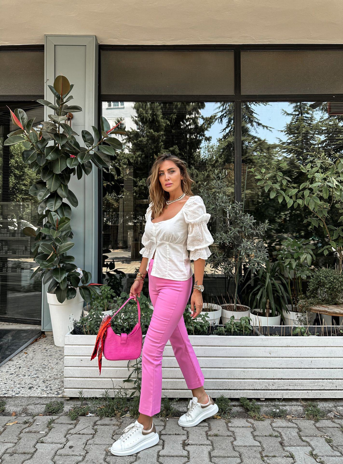 Pembe Likralı Ön Cepli Pantolon
