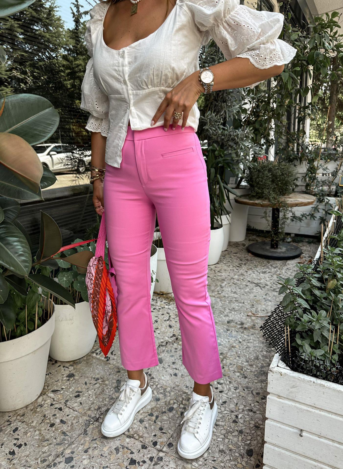 Pembe Likralı Ön Cepli Pantolon