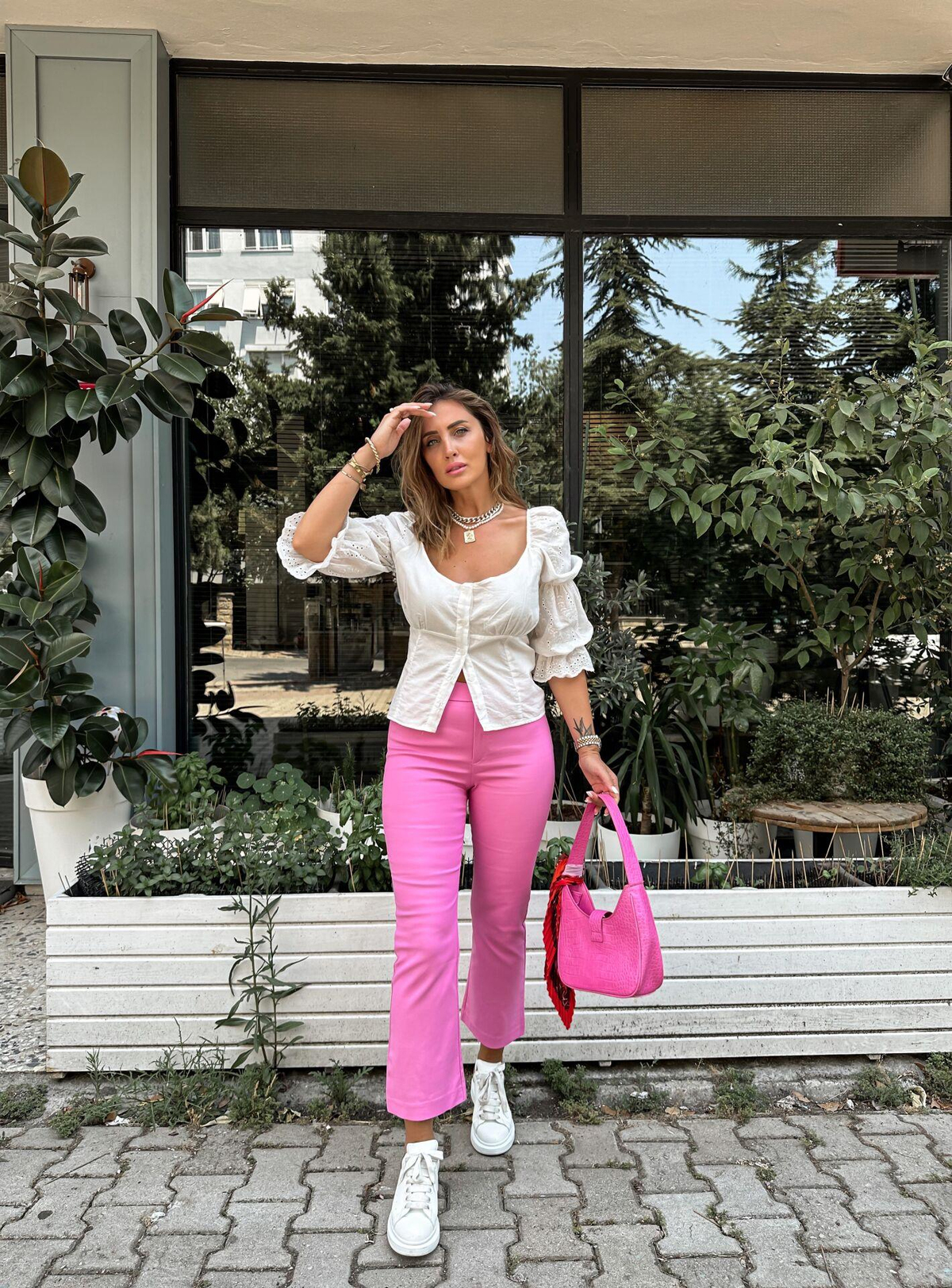 Pembe Likralı Ön Cepli Pantolon