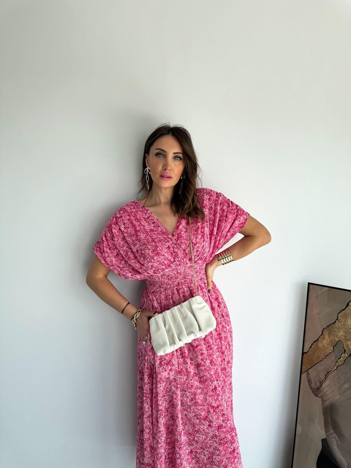 Pembe Minik Çiçekli Drapeli Elbise