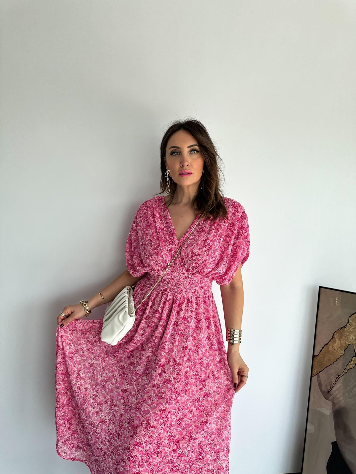 Pembe Minik Çiçekli Drapeli Elbise