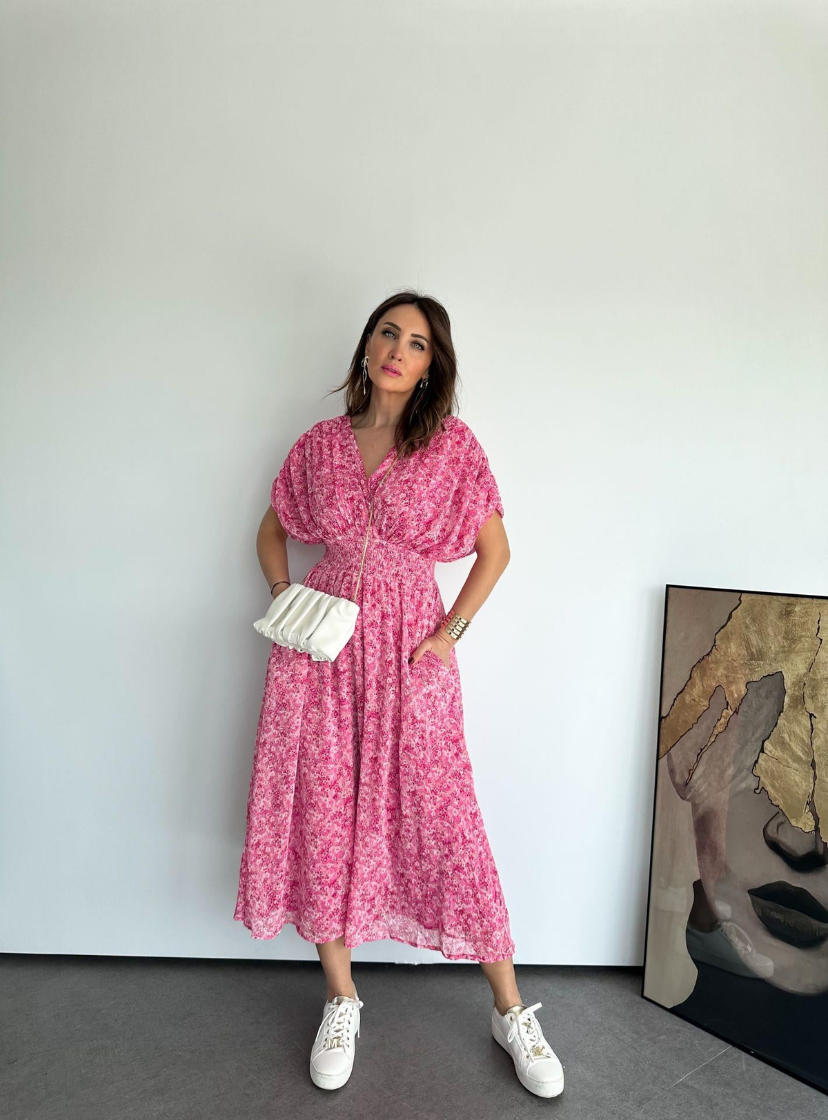 Pembe Minik Çiçekli Drapeli Elbise