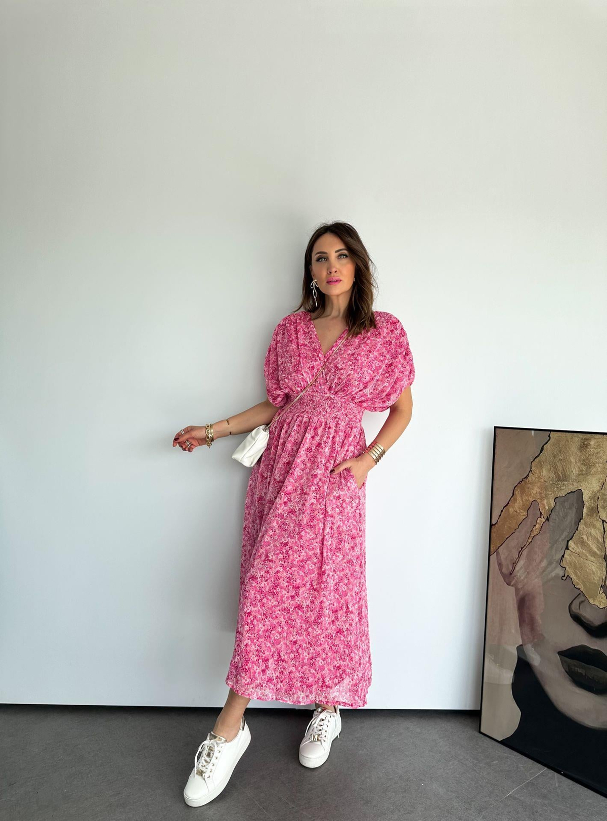 Pembe Minik Çiçekli Drapeli Elbise