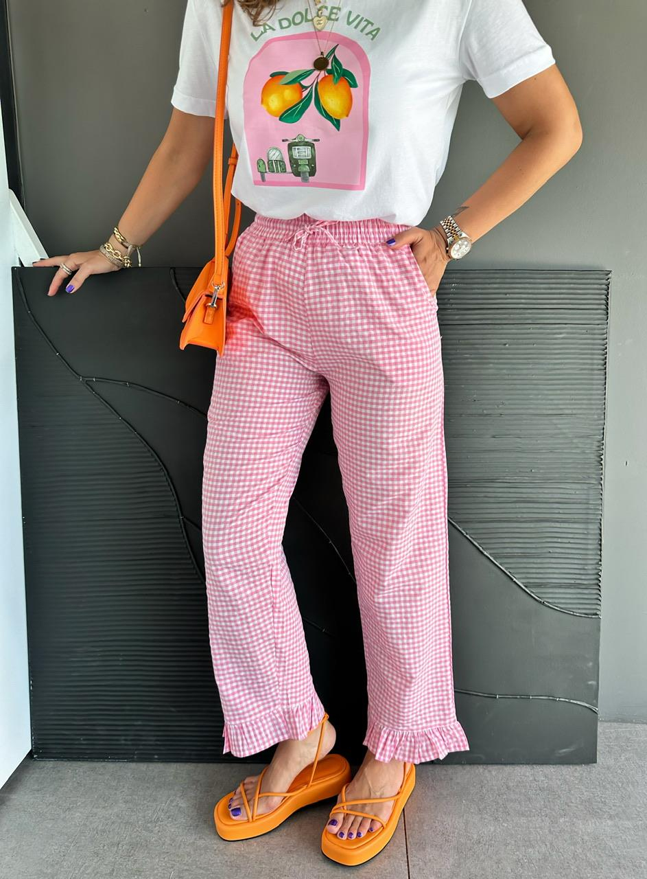 Pembe Paçası Fırfırlı Ekose Pantolon