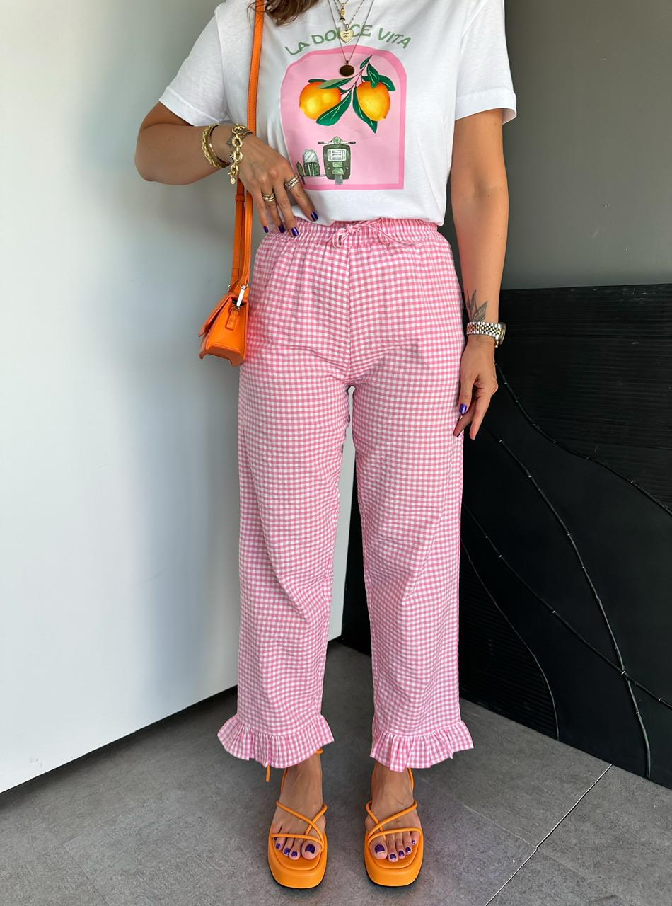 Pembe Paçası Fırfırlı Ekose Pantolon