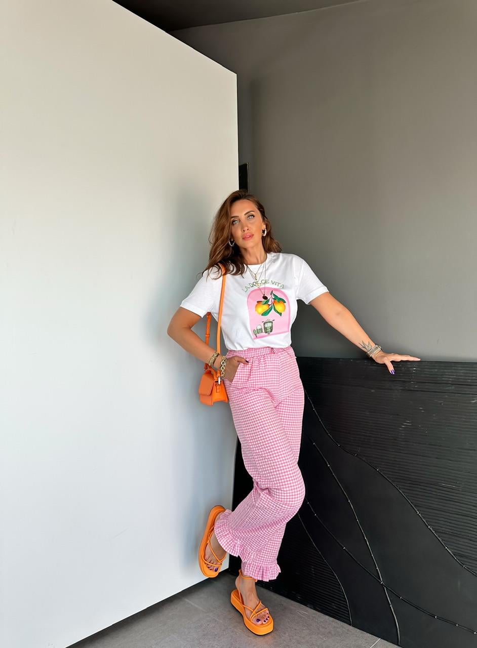 Pembe Paçası Fırfırlı Ekose Pantolon