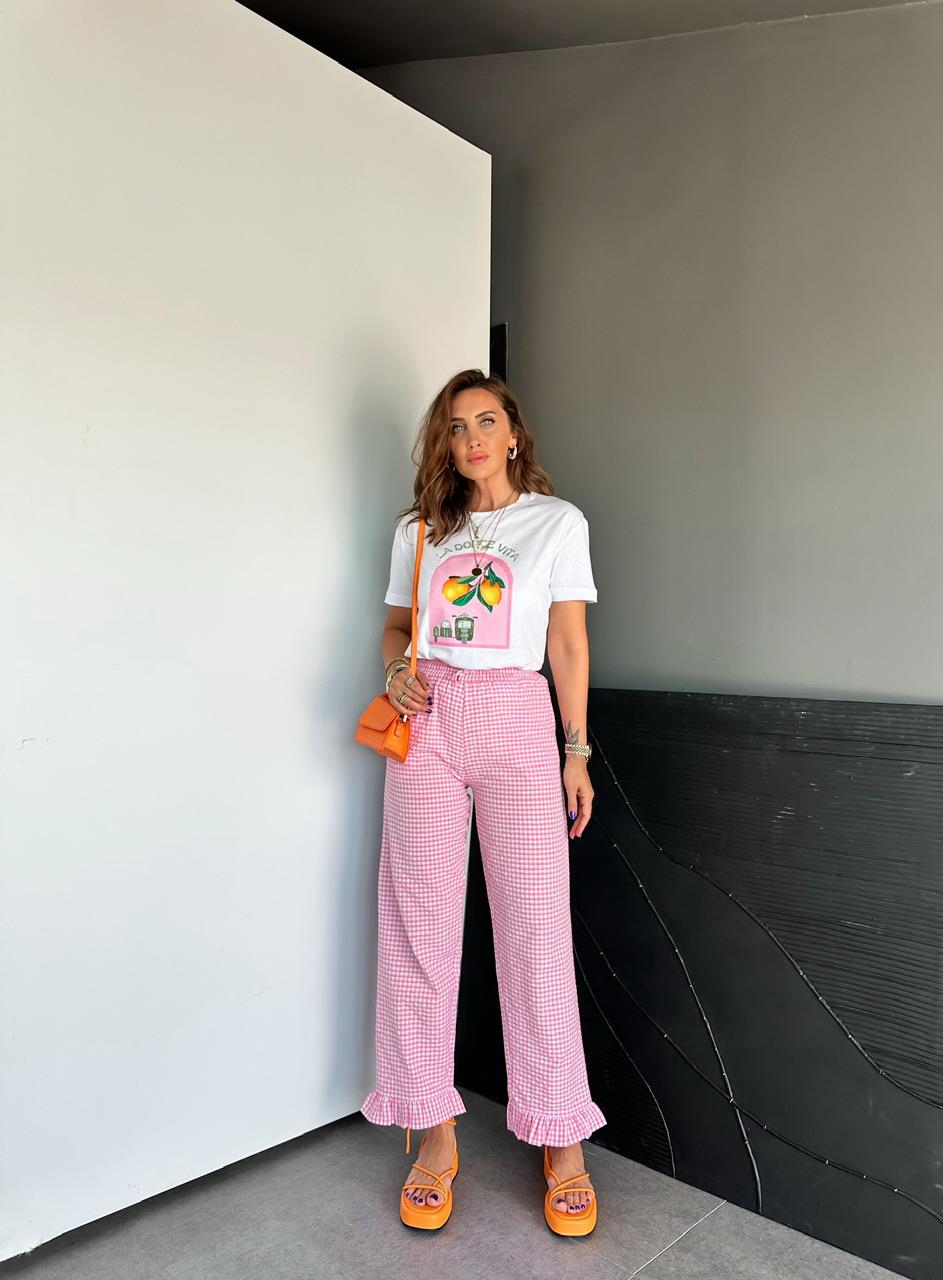 Pembe Paçası Fırfırlı Ekose Pantolon