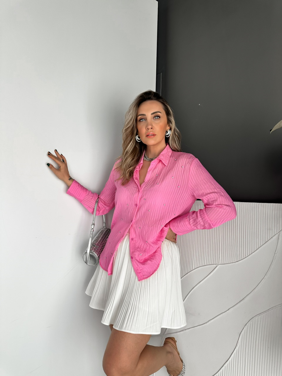Pembe Taşlı Çizgi Dokulu Cotton Gömlek