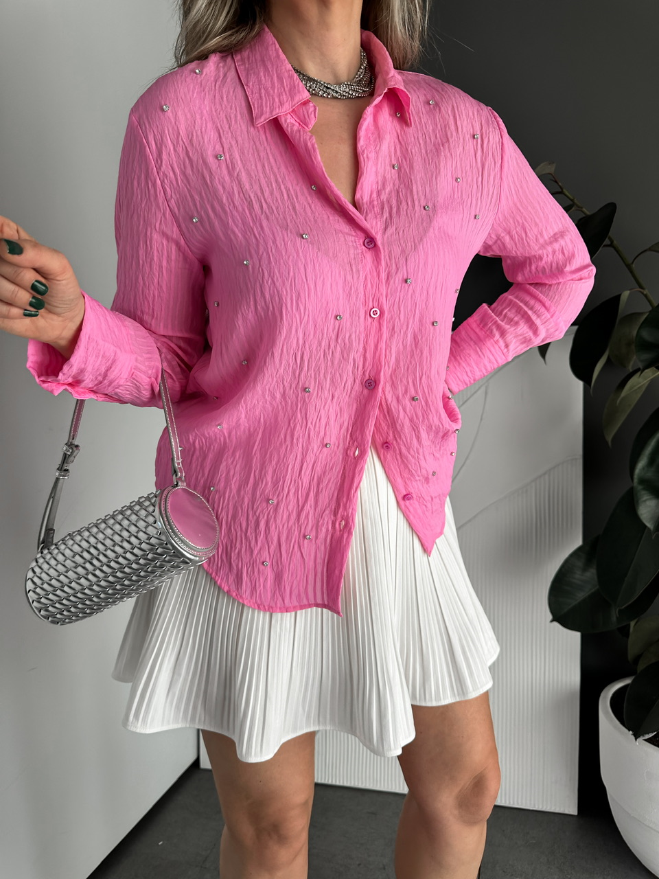 Pembe Taşlı Çizgi Dokulu Cotton Gömlek