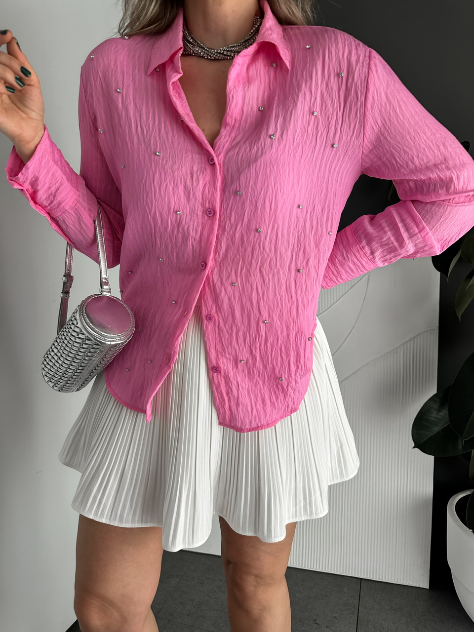 Pembe Taşlı Çizgi Dokulu Cotton Gömlek