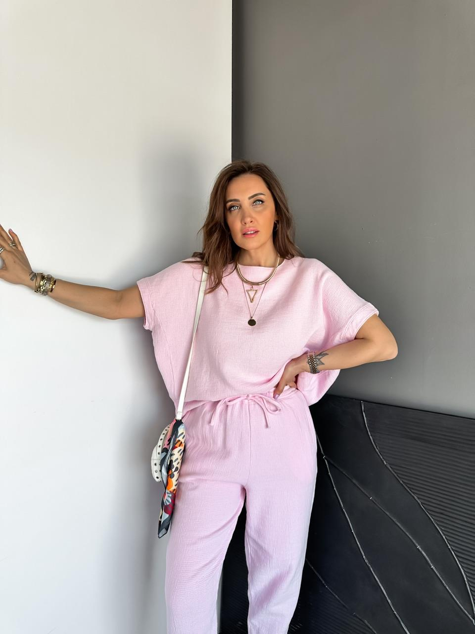 Pembe Yarasa Kollu Naturel Takım