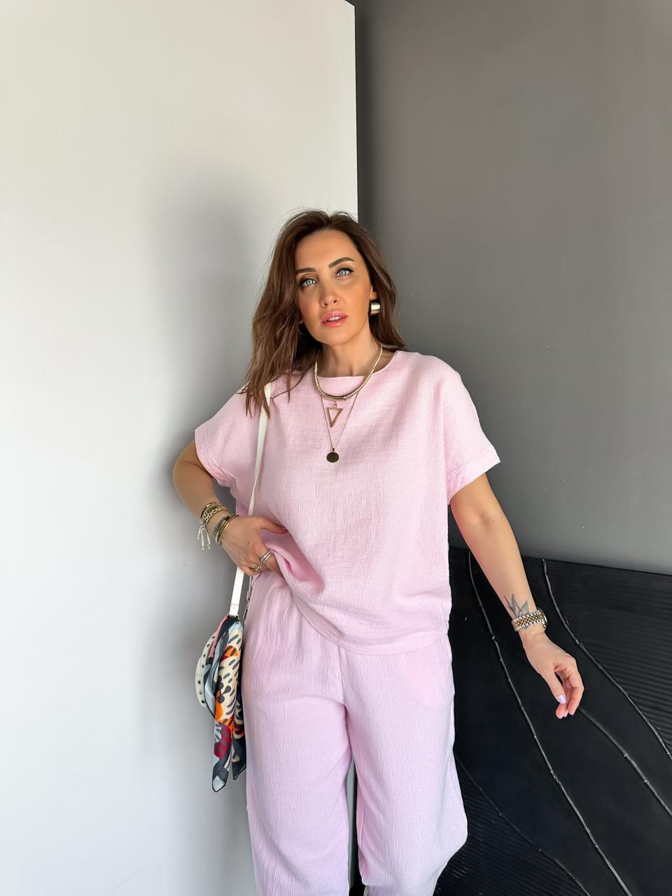 Pembe Yarasa Kollu Naturel Takım