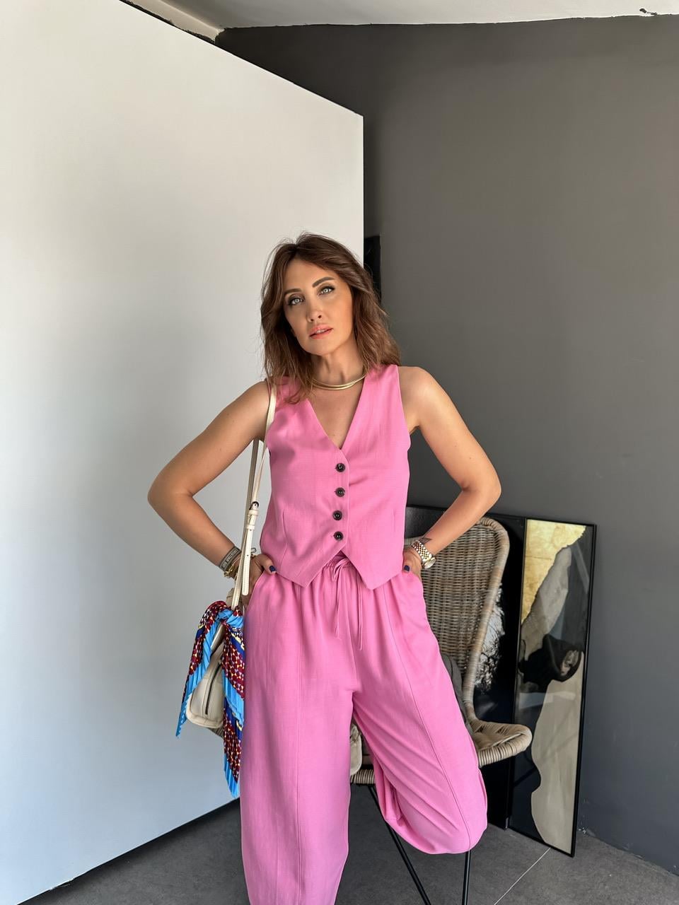 Pembe Yelekli Keten Takım