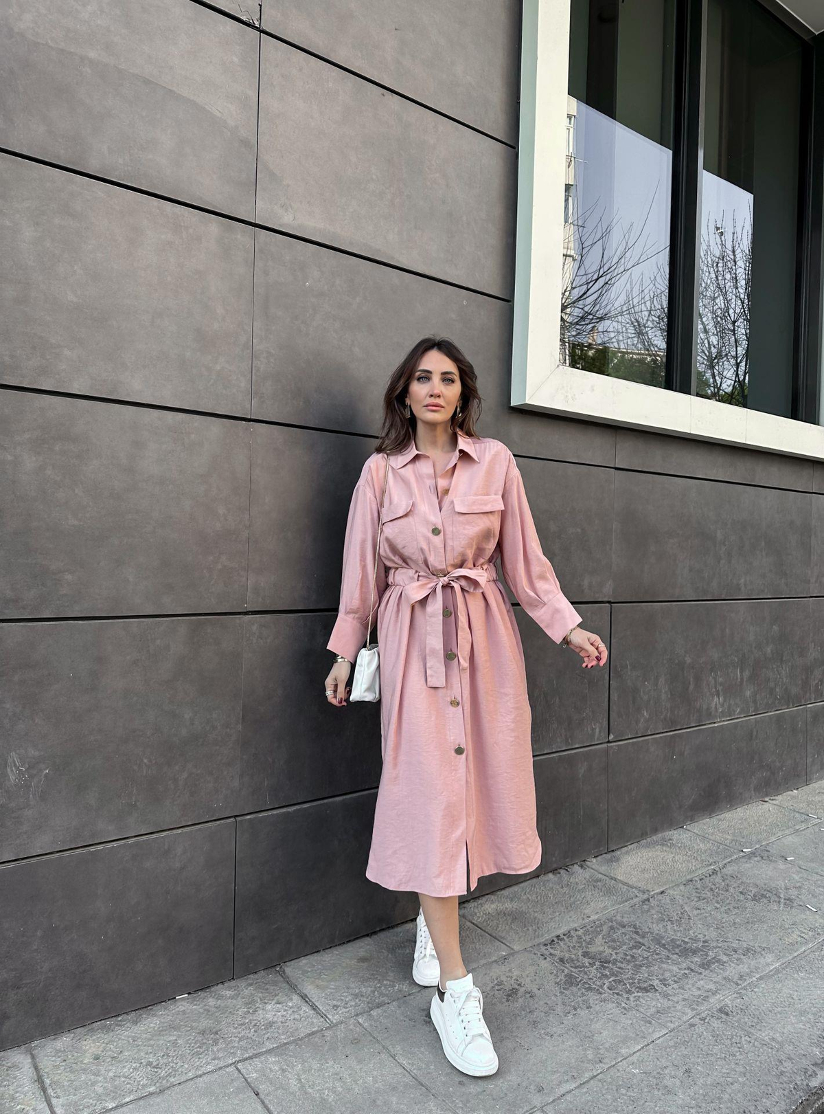 Pudra Kapak Cepli Beli Kuşaklı Elbise