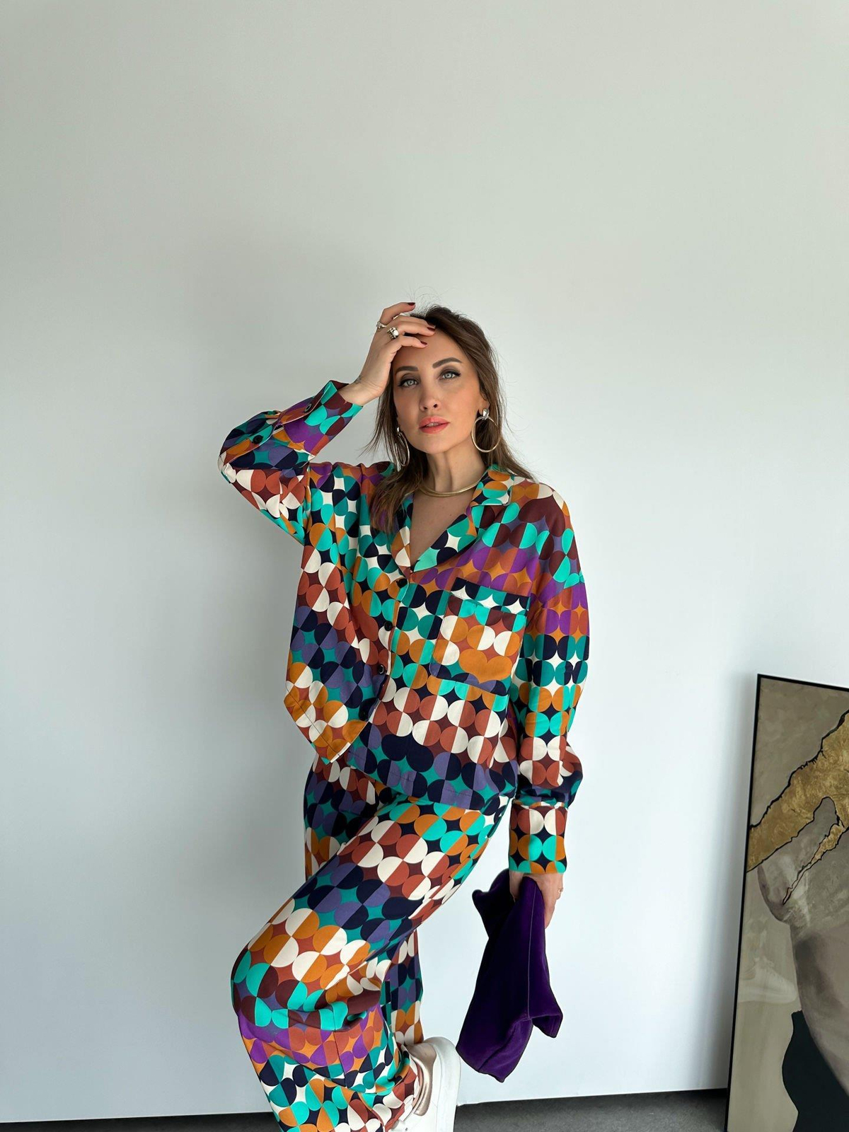 Renkli Geometrik Desenli Gömlek Pantolon Takım