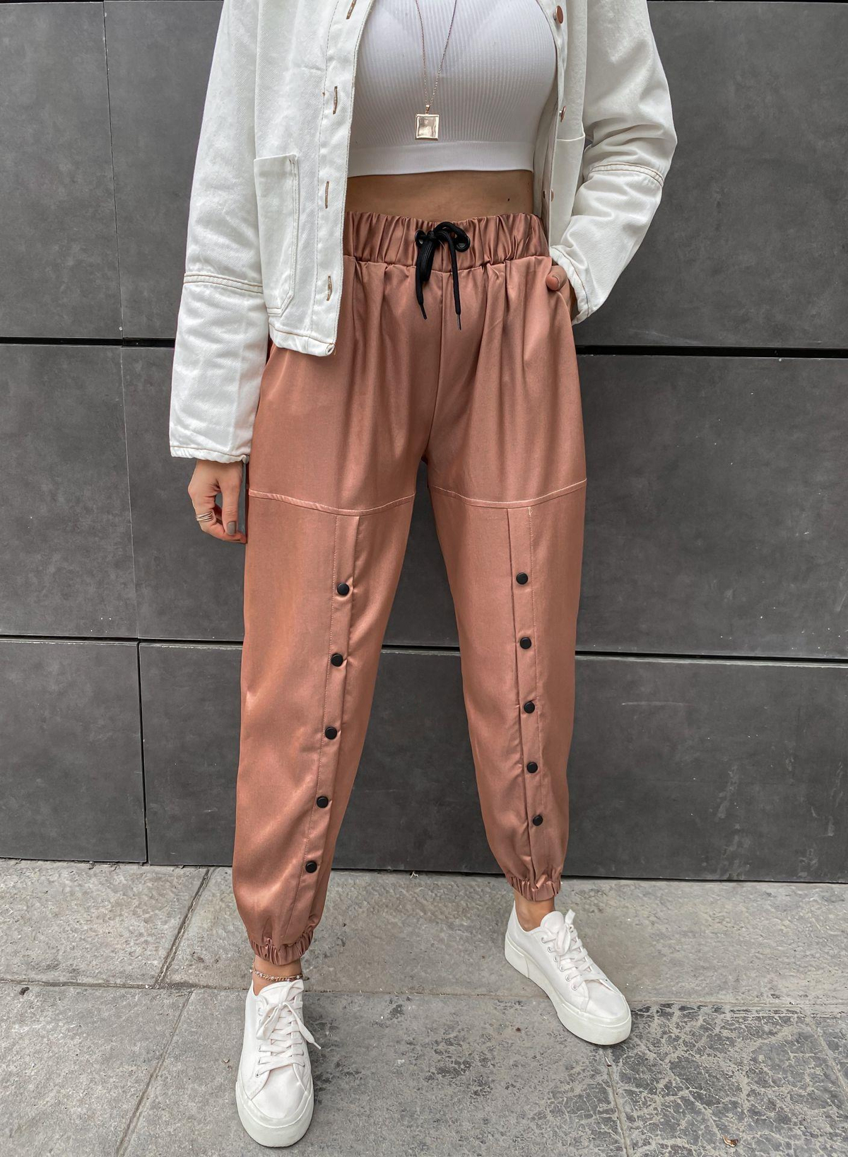Rose Saten Düğmeli Pantolon