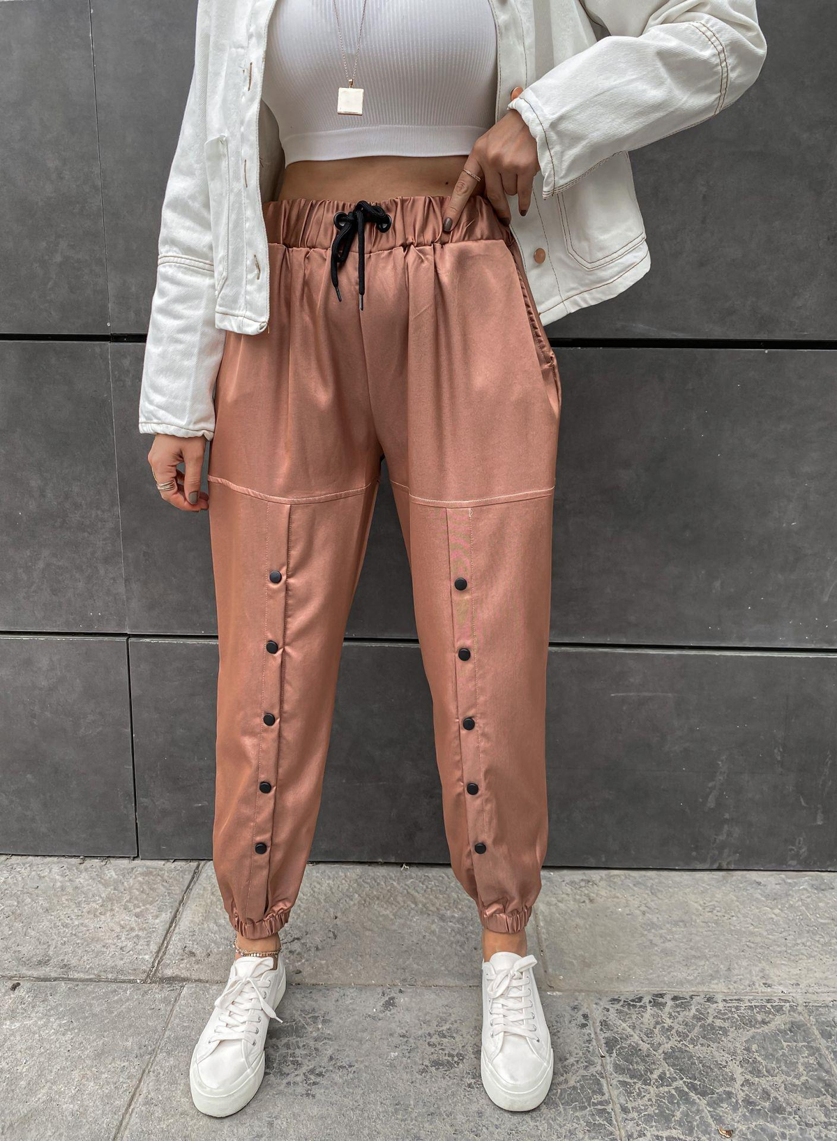 Rose Saten Düğmeli Pantolon