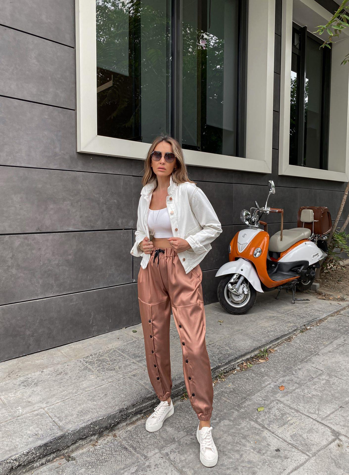 Rose Saten Düğmeli Pantolon