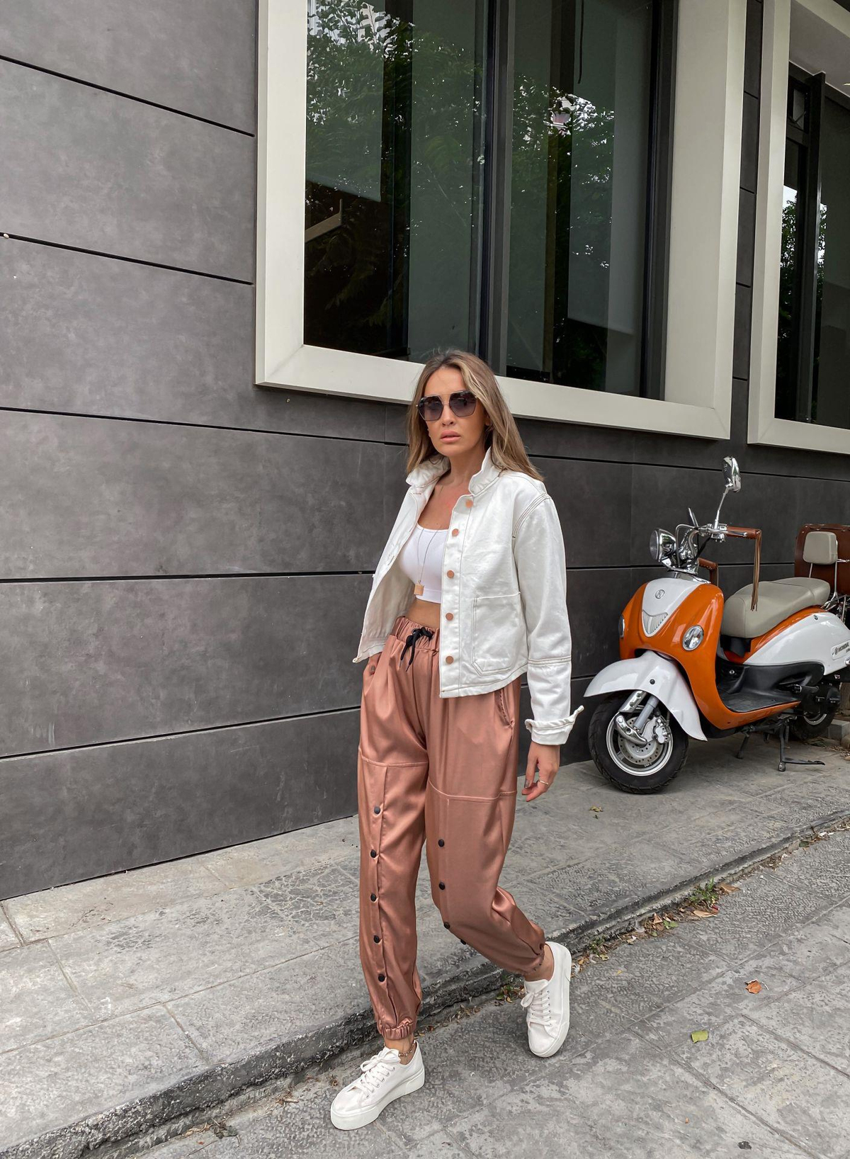 Rose Saten Düğmeli Pantolon