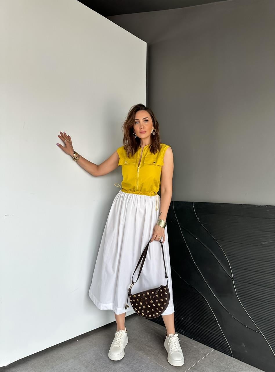 Sarı Beli İpli Cepli Poplin Elbise