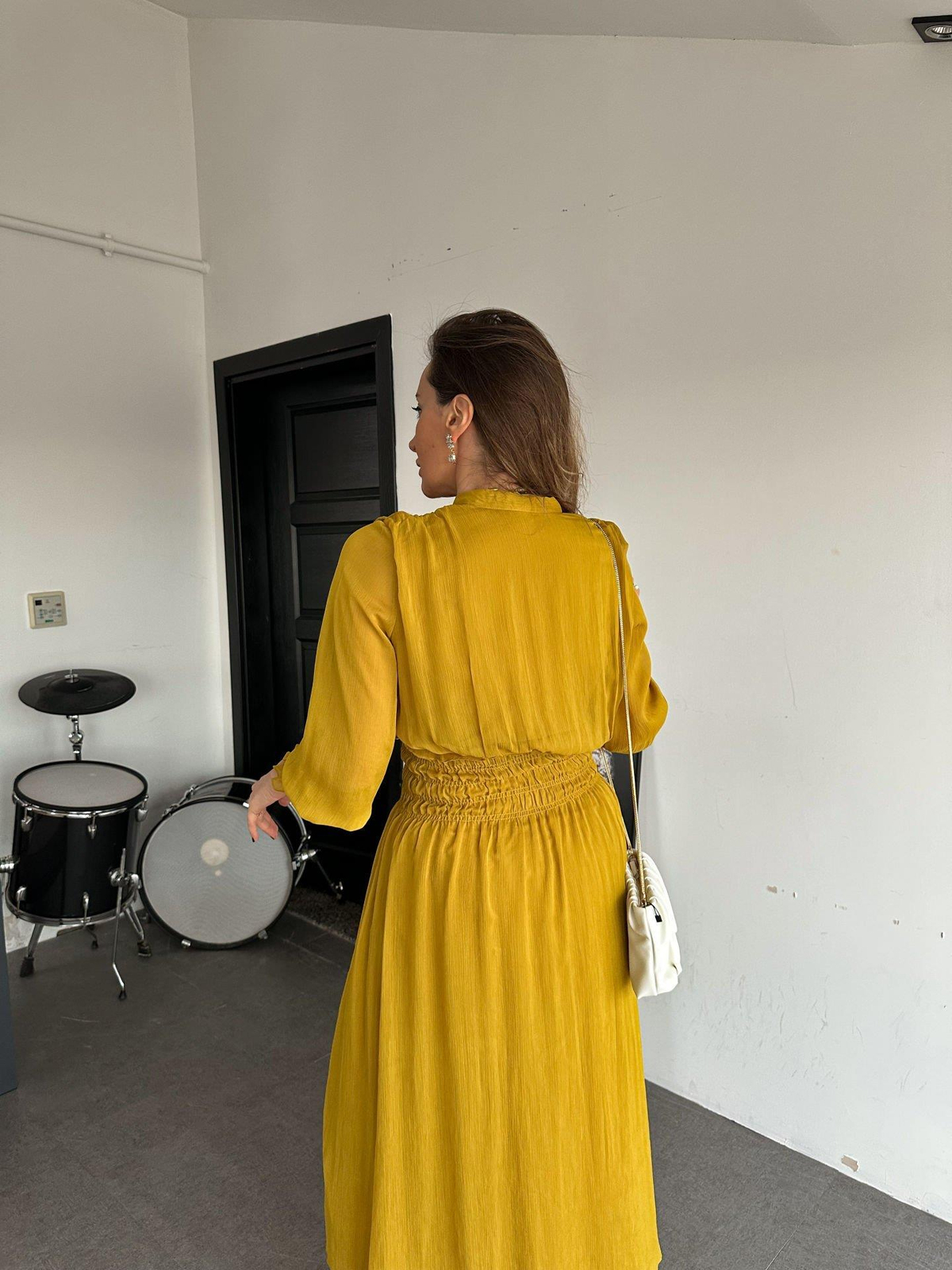 Sarı Beli Lastikli Şifon Elbise