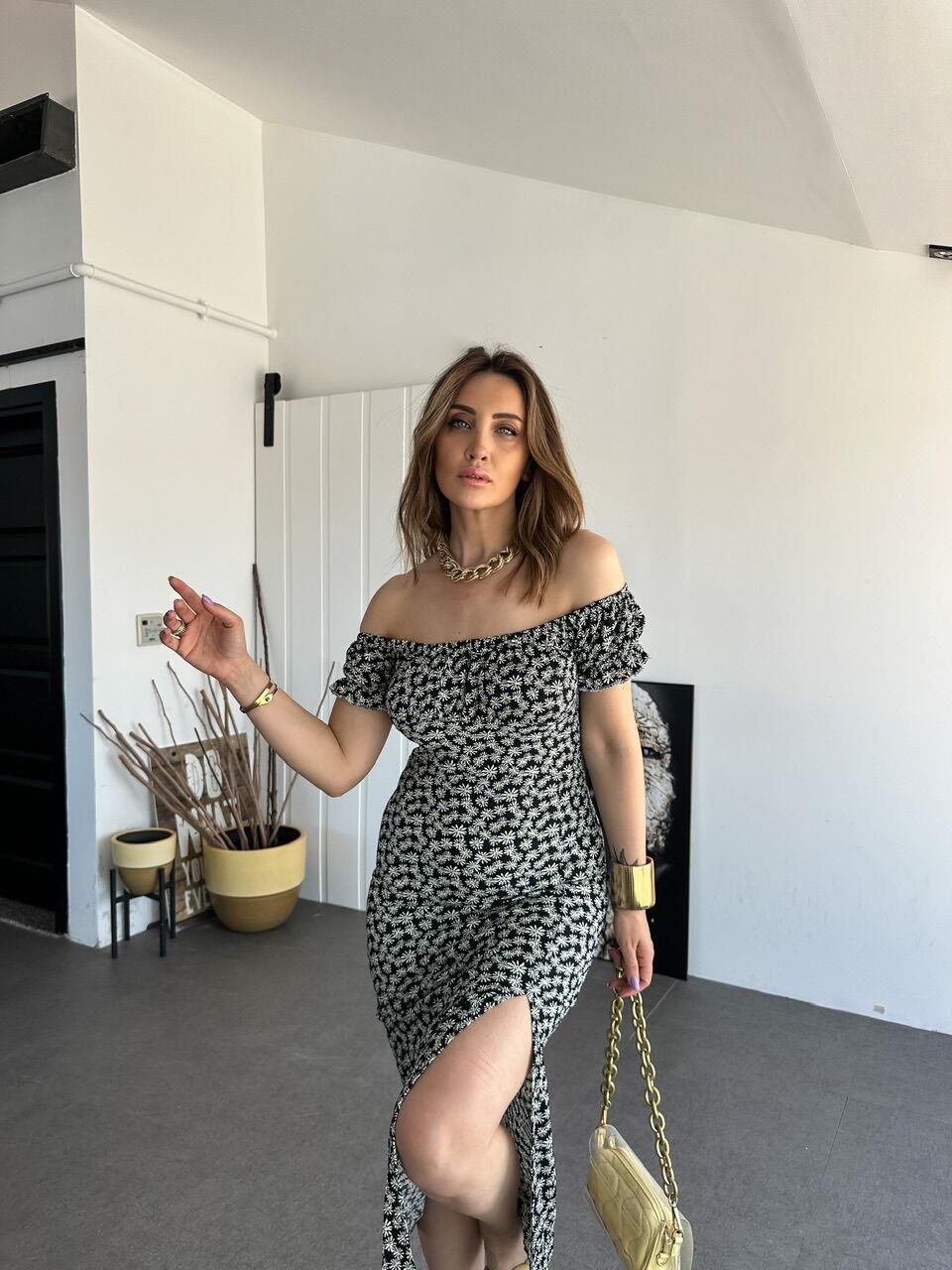 Sarı Çiçekli Madonna Yaka Elbise