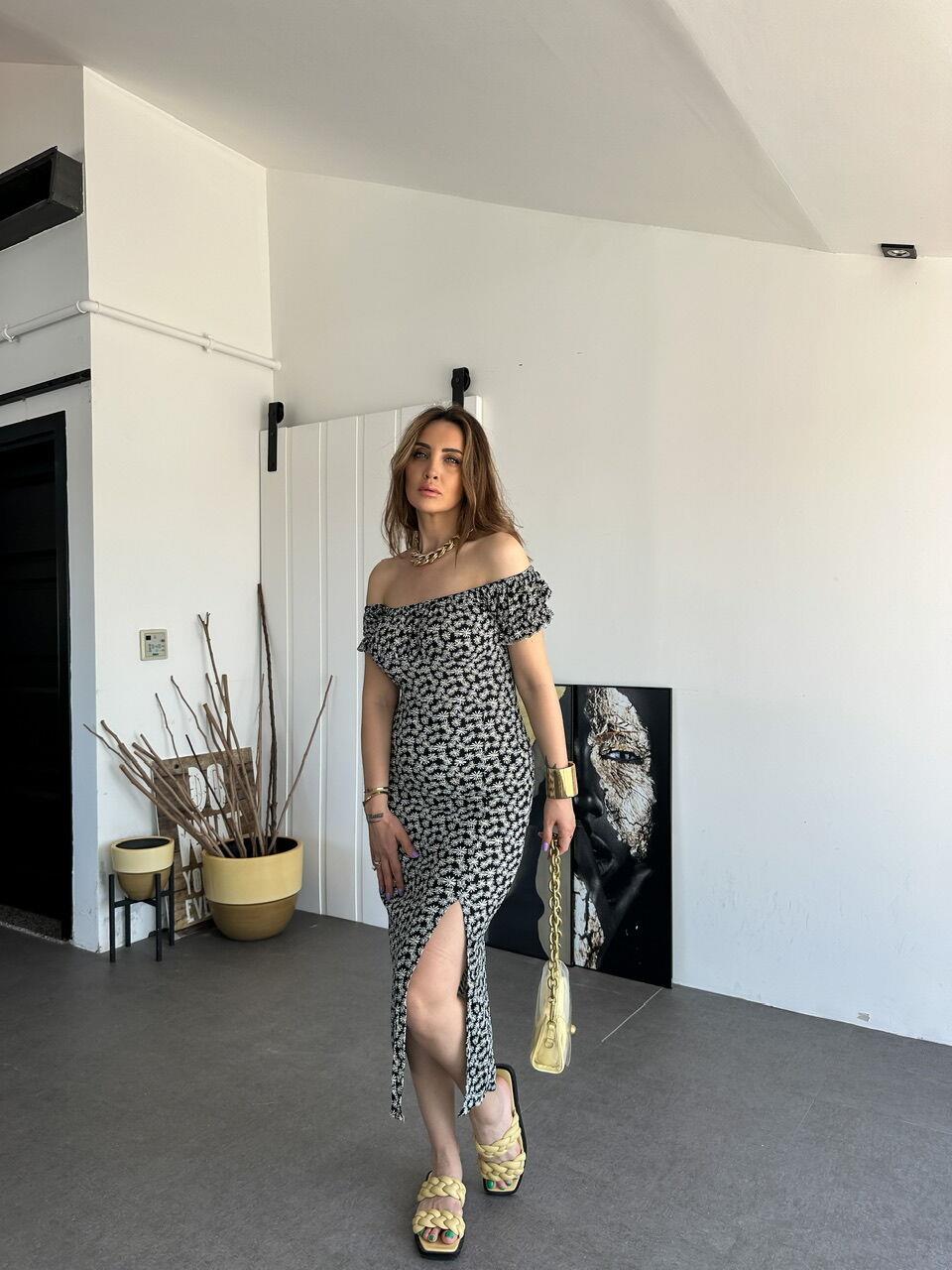 Sarı Çiçekli Madonna Yaka Elbise