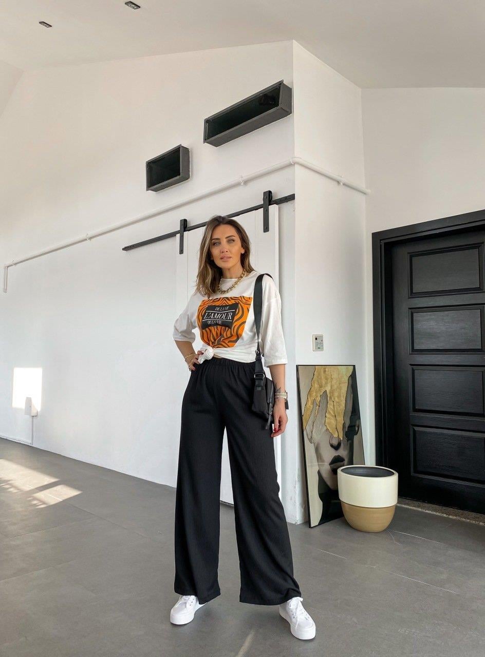Siyah Beli Lastikli Bol Pantolon