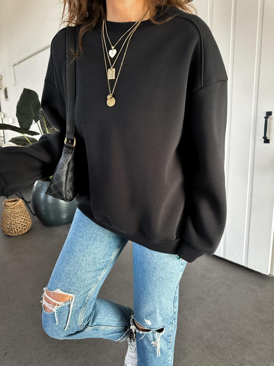 Siyah Bisiklet Yaka Cotton Sweatshirt 