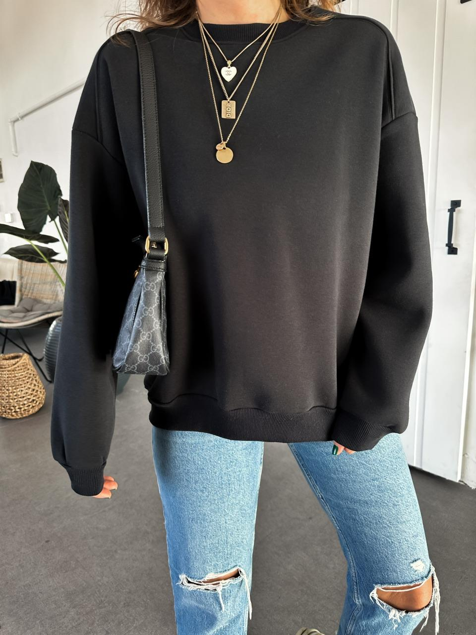 Siyah Bisiklet Yaka Cotton Sweatshirt 